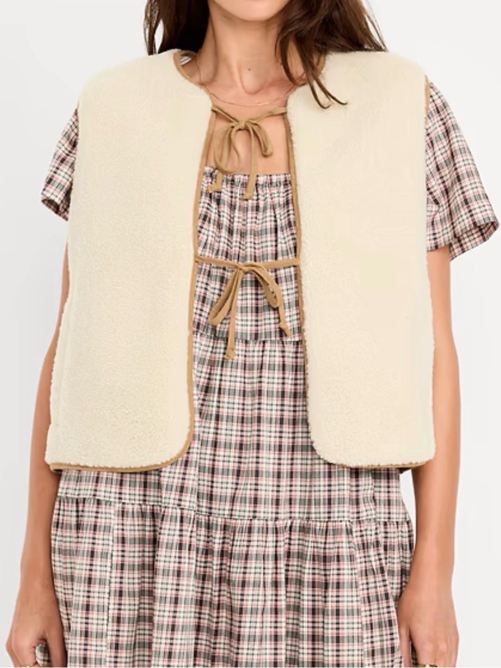 Old Navy Cream Sherpa Vest with Tan Trim